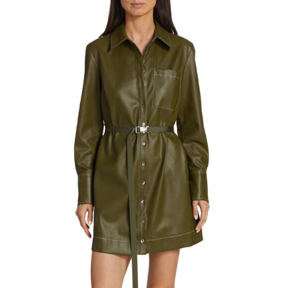 STAUD Dresses & Skirts - XS STAUD Green Faux Leather Lynn Belted Mini Dress